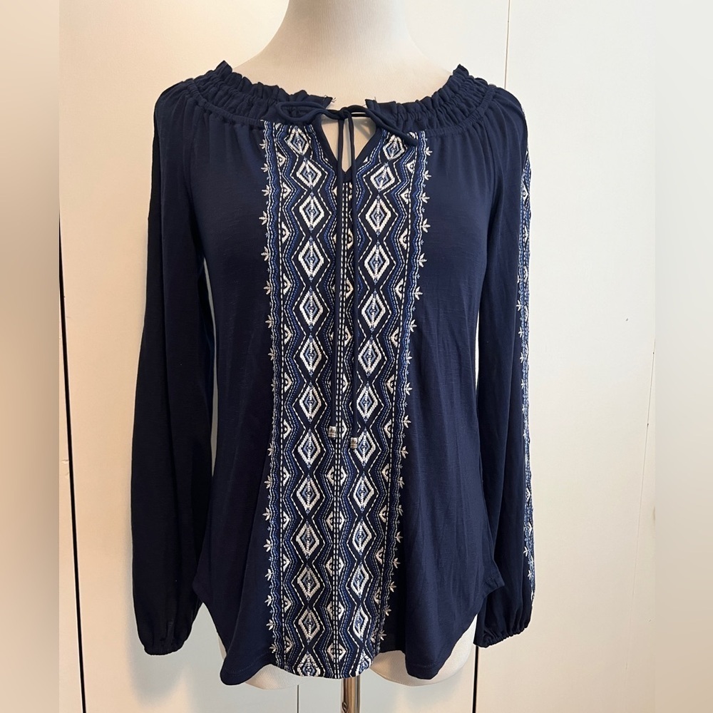 WHBM Navy Embroidered Top